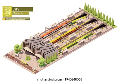 Vector Isometric Train Station Building. High-speed Rail Train At The Railway Station. Railroad Platform And Passengers