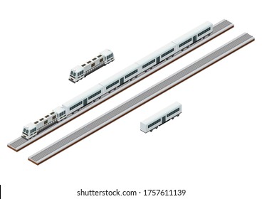 Vector Isometric train tracks and passenger train. Isolated on white