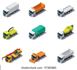 Vector Isometric Transport. Trucks Icon Set