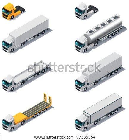 Vector isometric transport. Trucks with semi-trailers icon set