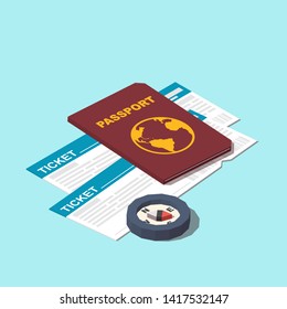 Vector Isometric Travel Concept. Illustration Include Pasport, Tickets And Compass 