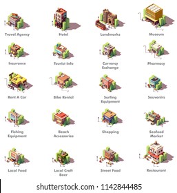 Vector isometric travel and tourism icons representing different tourism related buildings and facilities, hotel, landmarks, museum, travel agency, money exchange, shops, car rental, restaurants