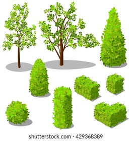 Vector Isometric Trees And Decorative Bushes.