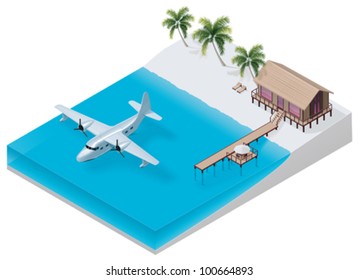 Vector isometric tropical resort with apartment building on the seaside and hydroplane near the pear