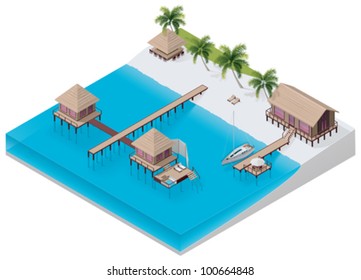 Vector isometric tropical resort icon with apartment buildings on the beach and on the sea water