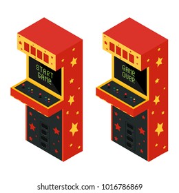 Vector isometric two retro arcade game machine icon. Gaming machine with text game over and start game