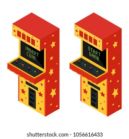 Vector isometric two retro arcade game machine icon. Gaming machine with text insert coin and start