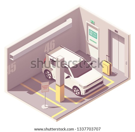 Vector isometric underground car parking garage with reserved parking space, fire exit and elevator door