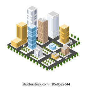 Vector isometric urban architecture building of modern city with street, skyscraper, and town, house. For business illustration and construction map shape background