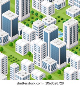 Vector isometric urban architecture building of modern city with street, skyscraper, and town, house. For business illustration and construction map shape background