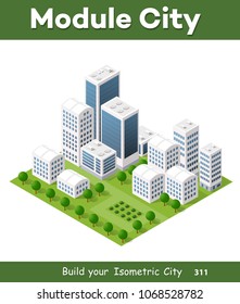Vector isometric urban architecture building of modern city with street, skyscraper, and town, house. For business illustration and construction map shape background