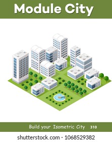 Vector isometric urban architecture building of modern city with street, skyscraper, and town, house. For business illustration and construction map shape background