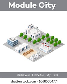 Vector isometric urban architecture building of modern city with street, skyscraper, and town, house. For business illustration and construction map shape background