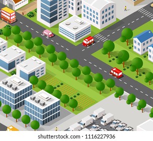Edificio de arquitectura urbana isométrica vectorial de ciudad moderna con calle, rascacielos y ciudad, casa. Para la ilustración empresarial y el fondo de la forma del mapa de construcción