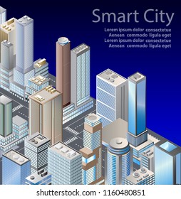 Vector isometric urban architecture building of modern city with street, skyscraper, and town, house. For business illustration and construction map shape background
