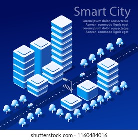 Vector isometric urban architecture building of modern city with street, skyscraper, and town, house. For business illustration and construction map shape background