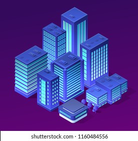 Vector isometric urban architecture building of modern city with street, skyscraper, and town   house. For business illustration and construction map shape background