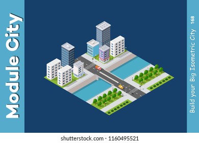 Vector isometric urban architecture building of modern city with street, skyscraper, and town, house. For business illustration and construction map shape background
