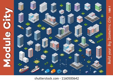 Vector isometric urban architecture building of modern city with street, skyscraper, and town, house. For business illustration and construction map shape background