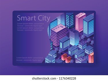 Vector isometric urban architecture building of modern city with street, skyscraper, and town, house. For business illustration and construction map shape background