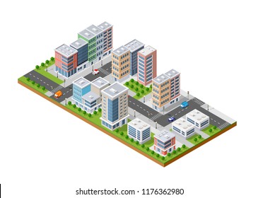 Vector isometric urban architecture building of modern city with street, skyscraper, and town, house. For business illustration and construction map shape background