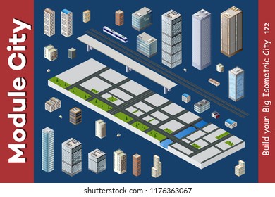 Vector isometric urban architecture building of modern city with street, skyscraper, and town, house. For business illustration and construction map shape background