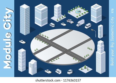 Vector isometric urban architecture building of modern city with street, skyscraper, and town, house. For business illustration and construction map shape background