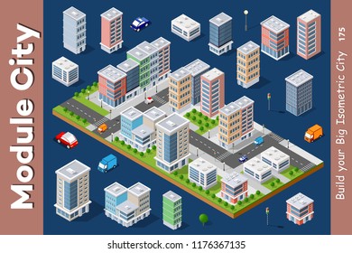 Vector Isometric Urban Architecture Building Of Modern City With Street, Skyscraper, And Town, House. For Business Illustration And Construction Map Shape Background