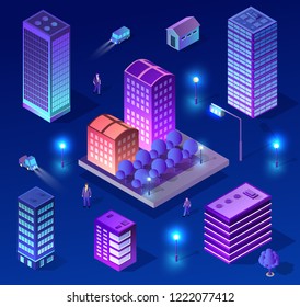 Vector isometric urban architecture building of modern city with street, skyscraper, and town, house. For business illustration and construction map shape background