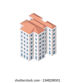 Vector isometric urban architecture building of modern city with street, skyscraper, and town, house. For business illustration and construction map shape background