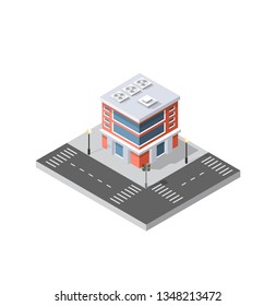 Vector isometric urban architecture building of modern city with street, skyscraper, and town, house. For business illustration and construction map shape background