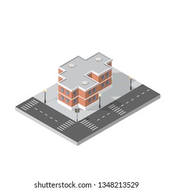 Vector isometric urban architecture building of modern city with street, skyscraper, and town, house. For business illustration and construction map shape background