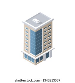 Vector isometric urban architecture building of the modern city with a street, skyscraper, and town, house. For business illustration and construction map shape background