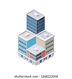 Vector isometric urban architecture building of modern city with street, skyscraper, and town, house. For business illustration and construction map shape background