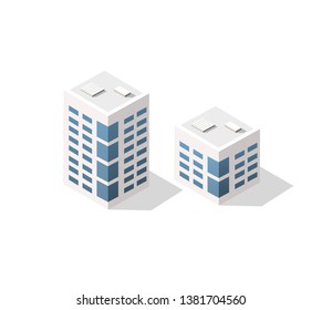Vector isometric urban architecture building of the modern city with a street, skyscraper, and town, house. For business illustration and construction map shape background