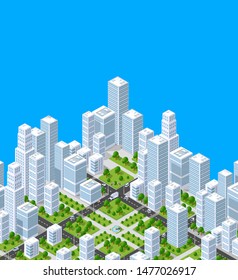 Vector isometric urban architecture building of modern city with street, skyscraper, and town, house. For business and construction map shape background illustration with clipping mask