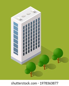 Vector isometric urban architecture building of the modern city with a street town house.