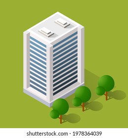 Vector isometric urban architecture building of the modern city with a street town house.