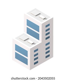 Vector isometric urban architecture single building of the modern city with a street townhouse apartment residential skyscraper of technology business equipment style urban isometric illustration.