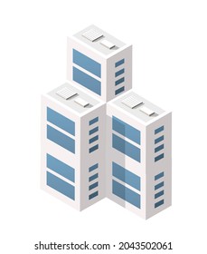 Vector isometric urban architecture single building of the modern city with a street townhouse apartment residential skyscraper of technology business equipment style urban isometric illustration.