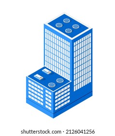 Vector isometric urban architecture single Bright Cerulean building of the modern city with street, skyscraper, and town, house.