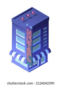 Vector isometric urban architecture single hotel building of the modern city with street, skyscraper, and town, house.