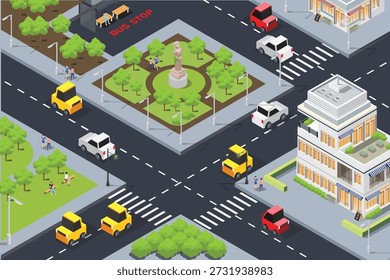 Vector isométrico urbano de una concurrida intersección de cuatro vías de la ciudad con coches, una parada de autobús, un paso de peatones, y un edificio moderno al lado de un parque.