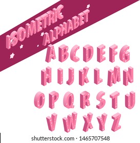 Vector isometric view alphabet. 3D letters. Shades of pink color and stars decor. Isolated objects. Creative typeface.