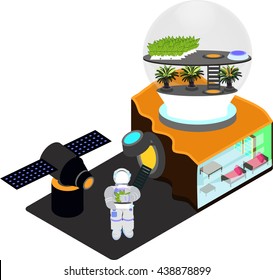 vector , isometric view of the rover , the colonizer of the planet , astronaut , plants growing under a transparent sarcophagus , satellite and furnished place to live underground