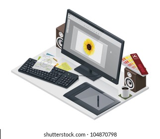 Vector isometric visual artist workplace icon - table, computer monitor, graphic tablet, speakers and cup of tea