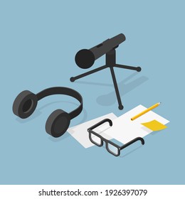 Vector isometric voice recording illustration. Sound recording equipment - dynamic microphone with table stand, headphones, papers, pencil, sticky note and glasses.
