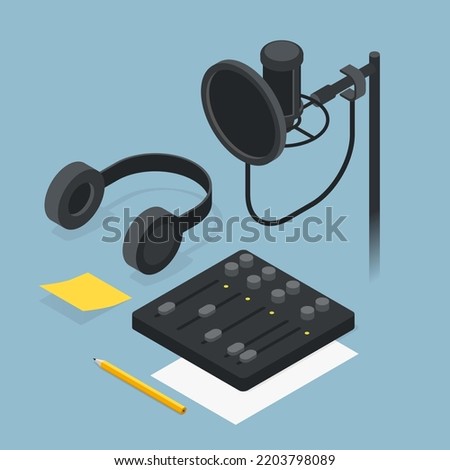 Vector isometric voice recording illustration. Sound recording equipment - studio microphone with stand, headphones, papers, pencil and mixer controller. Singing and song production concept.