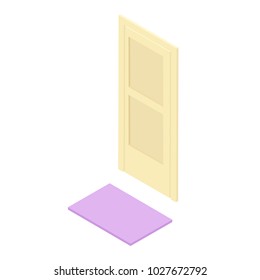 Vector isometric vooden door with purple rug isolated on white