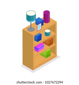 Vector isometric vooden shelf with stuff interior element isolated on white
